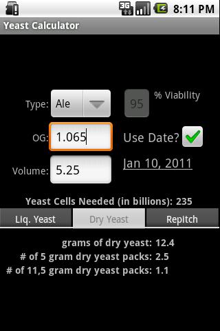 Mr Malty Yeast Calculator Screen 2