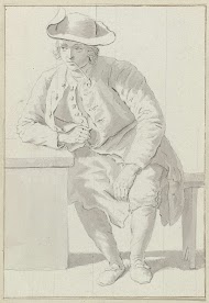 Pijprokende man met hoed op een bank, leunend op tafel