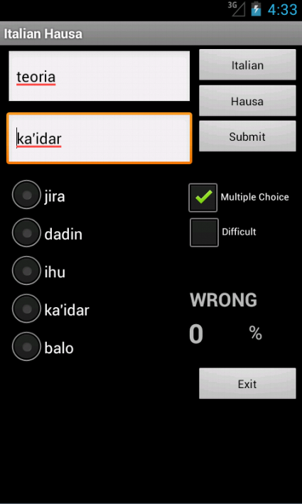 Hausa Italian Dictionary Screen 2