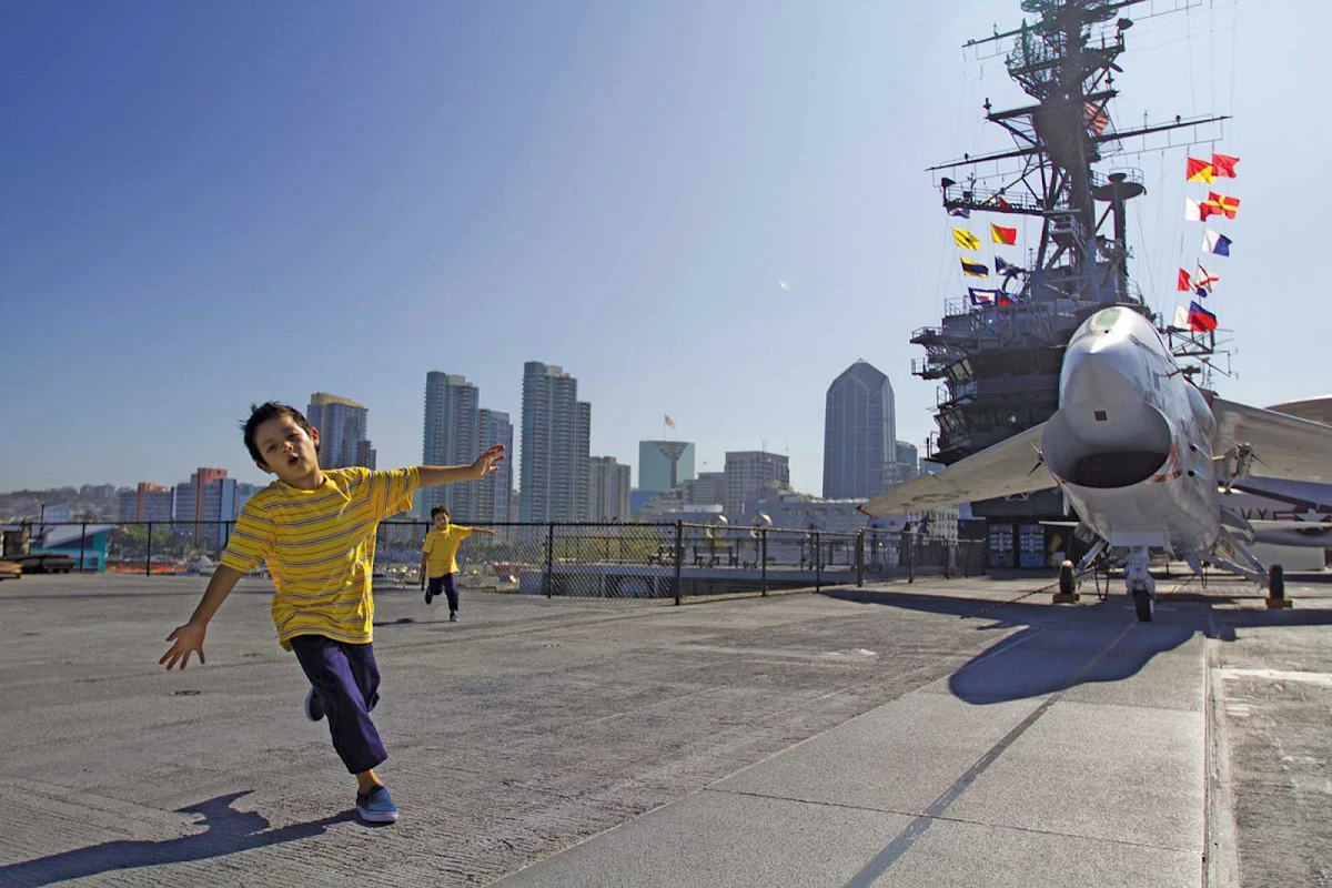San-Diego-USS-Midway - Kids on the USS Midway flight deck in San Diego Harbor.