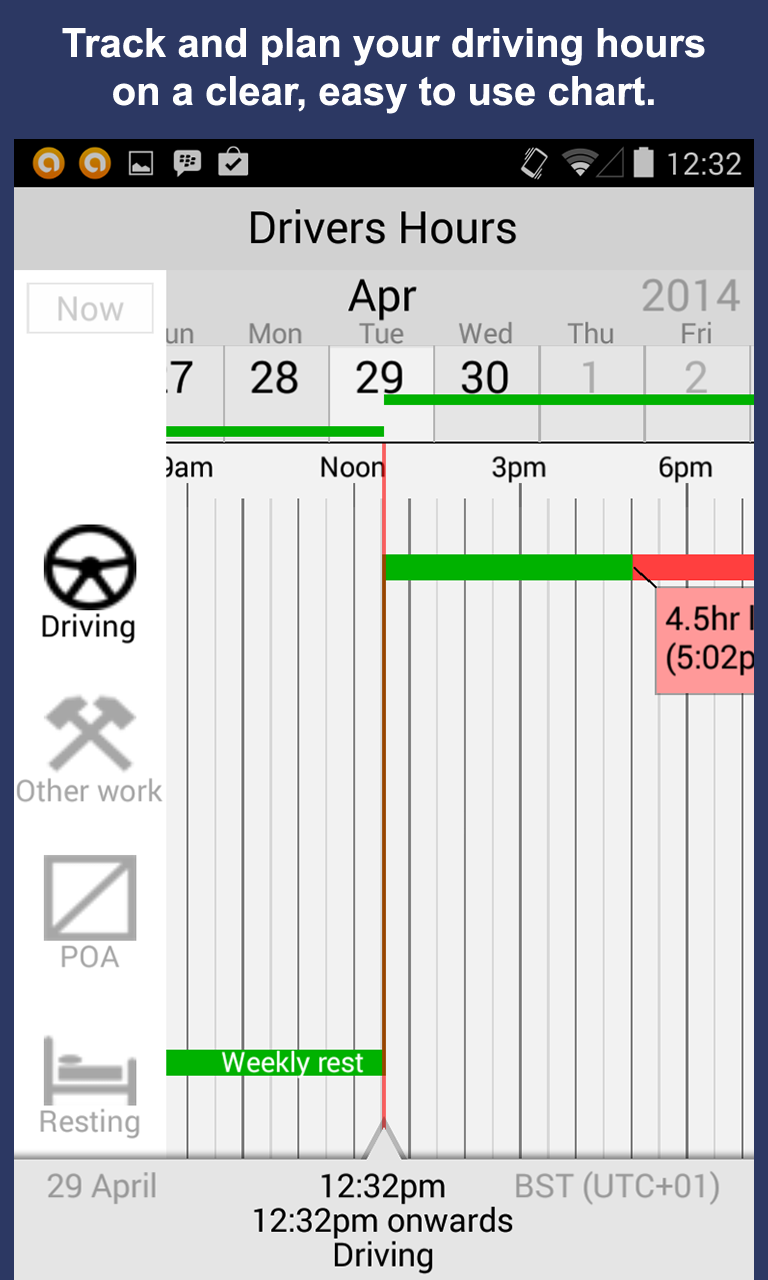 Drivers Hours Log &amp; Timer Screen 1