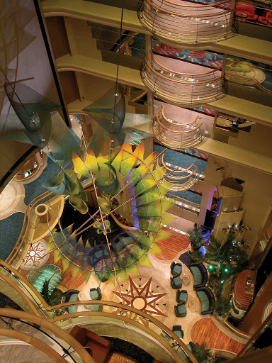 A bird's-eye view of Serenade of the Seas' beautiful Centrum, a multi-story atrium.