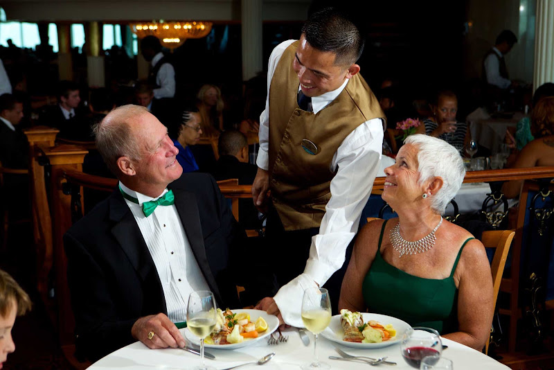 Freedom of the Seas' three-level main dining room serves multi-course breakfasts, lunches and dinners.