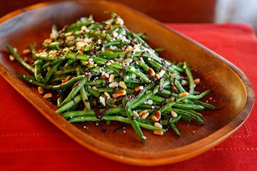 Green Beans with Balsamic Date Reduction, Feta and Pine Nuts