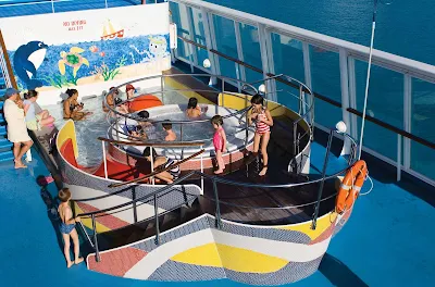 Kids will love the shallow pool, hot tub and fun activities  at the Splashes Kid's Pool on deck 12 of Norwegian Sun.