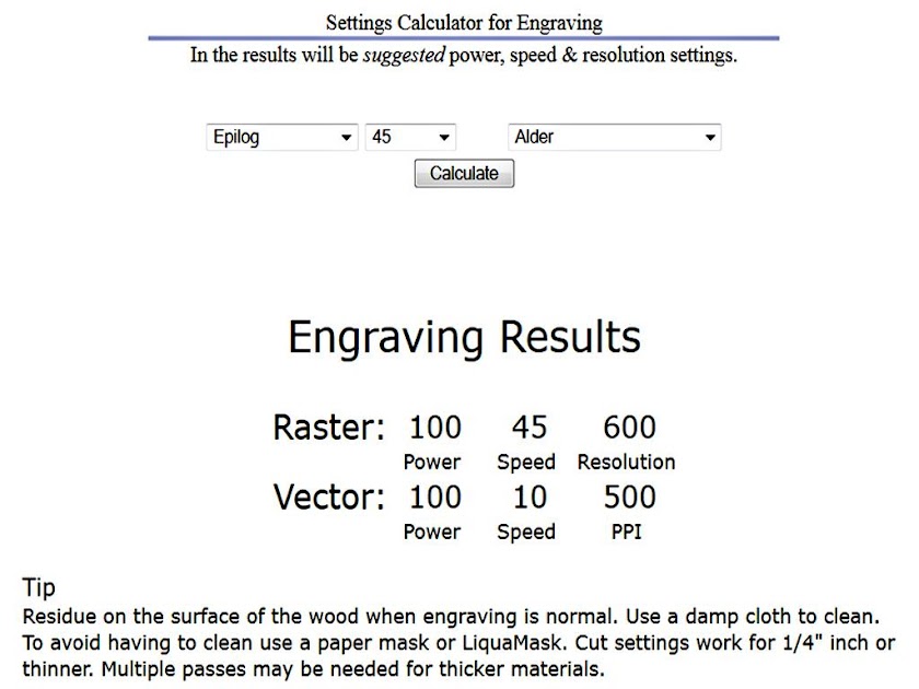 Laser Engraving Calculator Screen 4