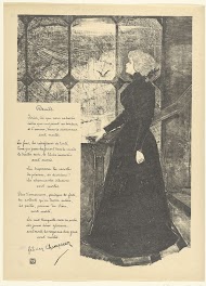 Illustratie met staande vrouw in zwarte kleding bij raam bij gedicht Deuils van Felicien Champsaur