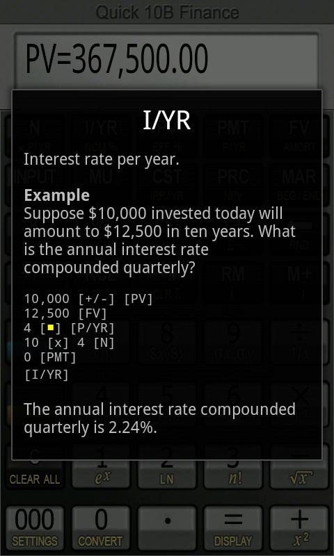 Quick 10B Financial Calculator Screen 2