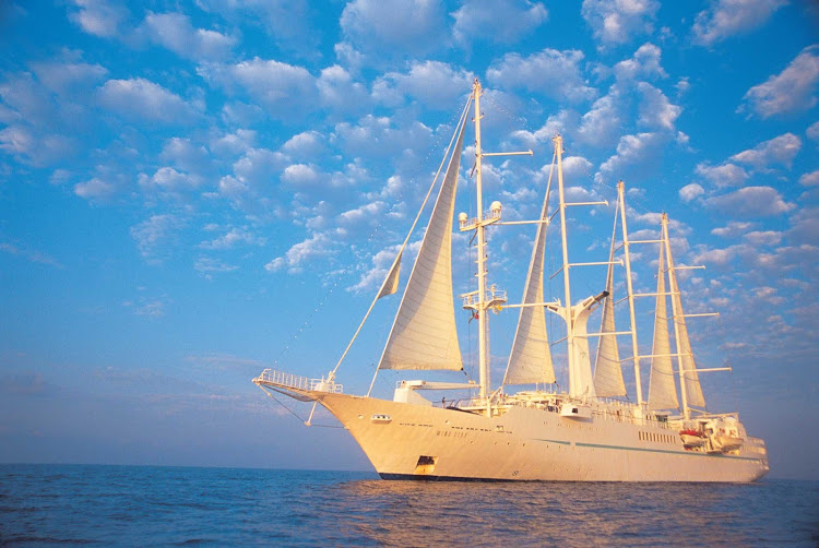 Wind Star in the late afternoon light. The ship sails with just 148 guests in 74 staterooms, all of them with an ocean view.  