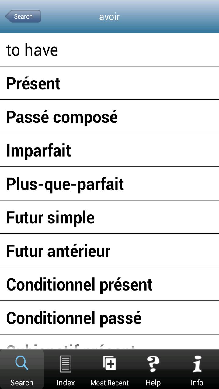 French/English Verb Conjugator Screen 2