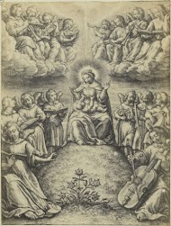 Fotoreproductie van de gravure Le concert des anges door Hieronymus Wierix