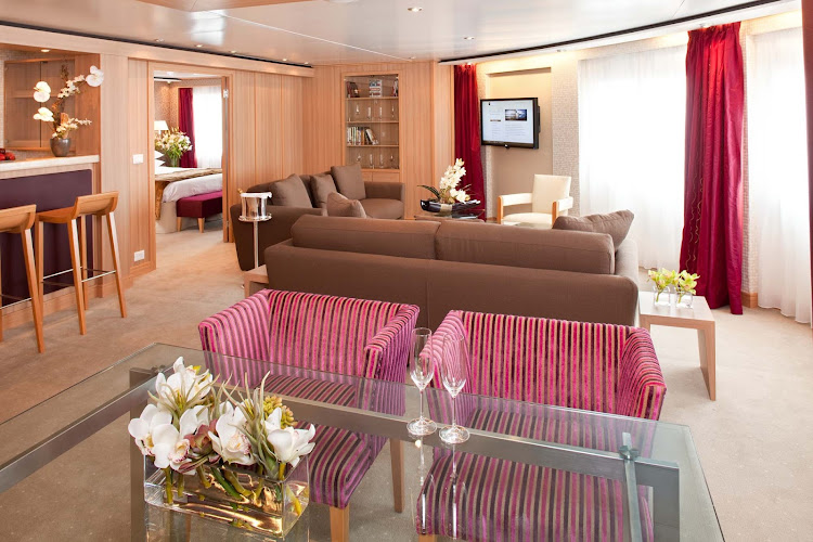The Signature Suite on Seabourn Quest lets you spread out. It has a dining area that fits six people, a private bedroom and bathroom with a large whirlpool tub, a stocked pantry and wet bar, and complimentary wi-fi.