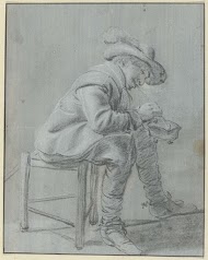 Ruiter met hoed gezeten op een driepotige kruk zijn pijp aanstekende met een komfoor