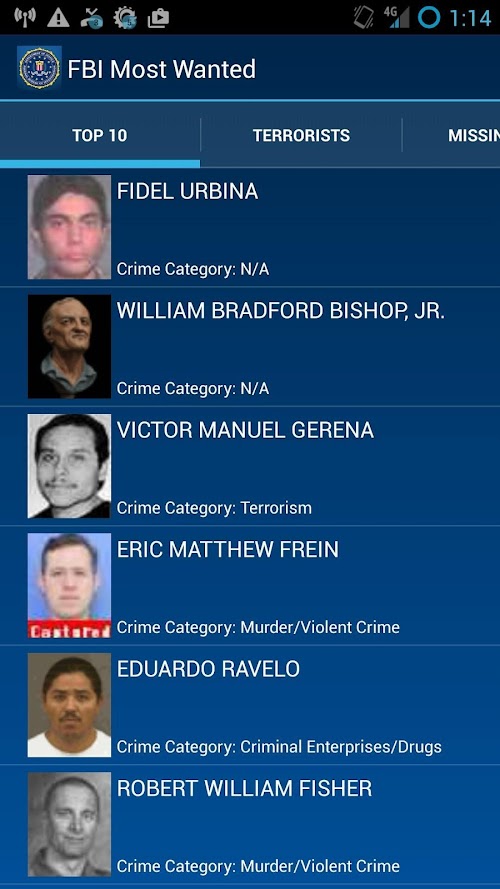 Android application FBI Most Wanted screenshort