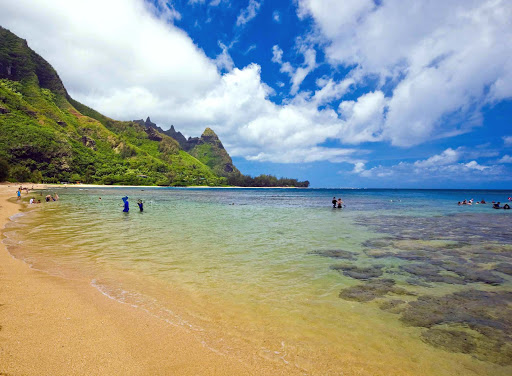 View of Makana peak, popularly known as Bali Hai, from Tunnels Beach in Hanalei, Kauai.