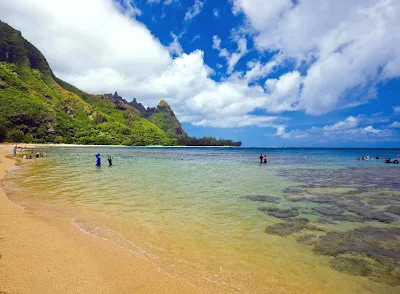 View of Makana peak, popularly known as Bali Hai, from Tunnels Beach in Hanalei, Kauai.