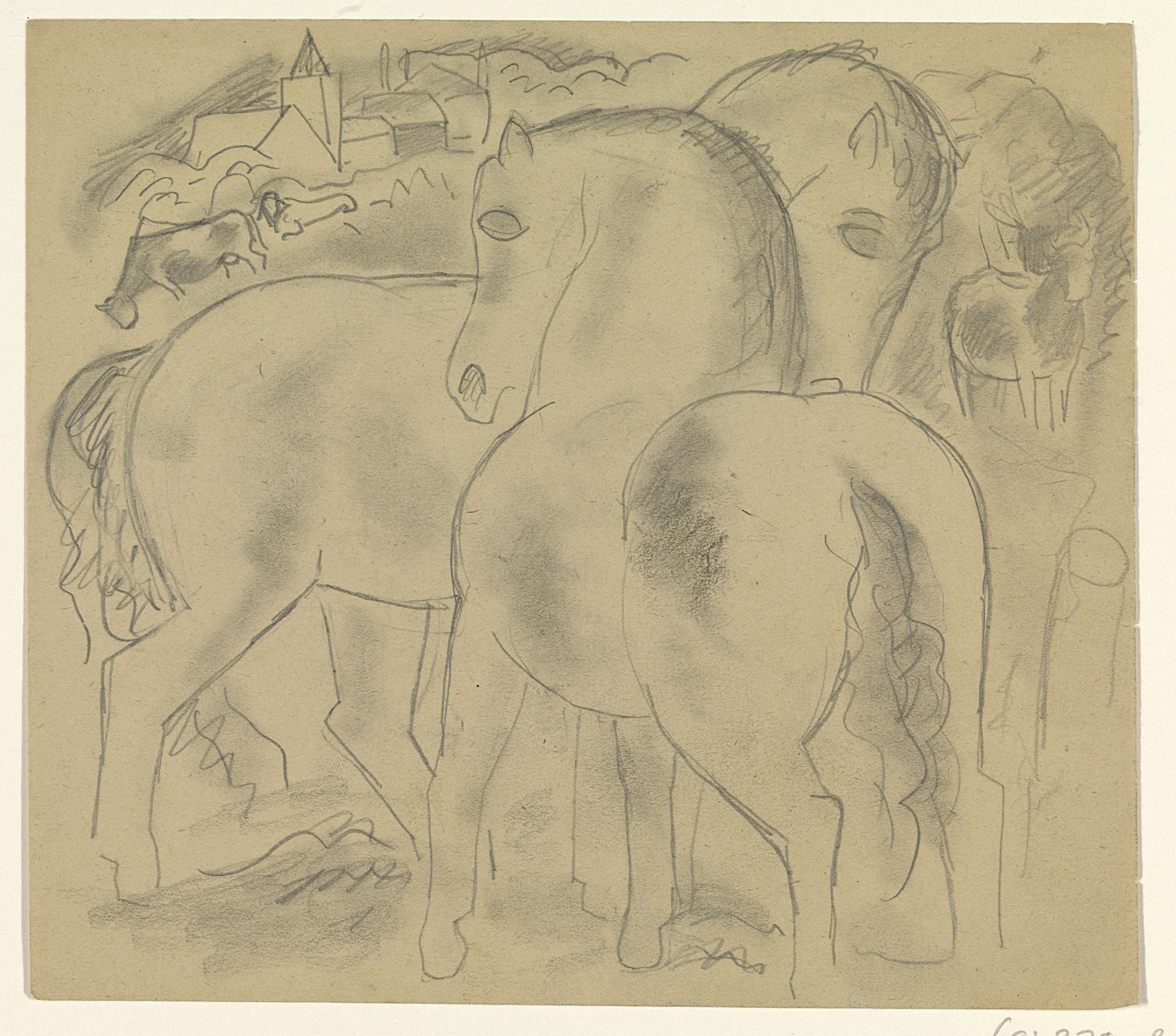 Twee paarden in een landschap met koeien