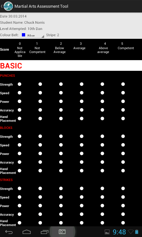 Martial Arts Assessment Tool Screen 3