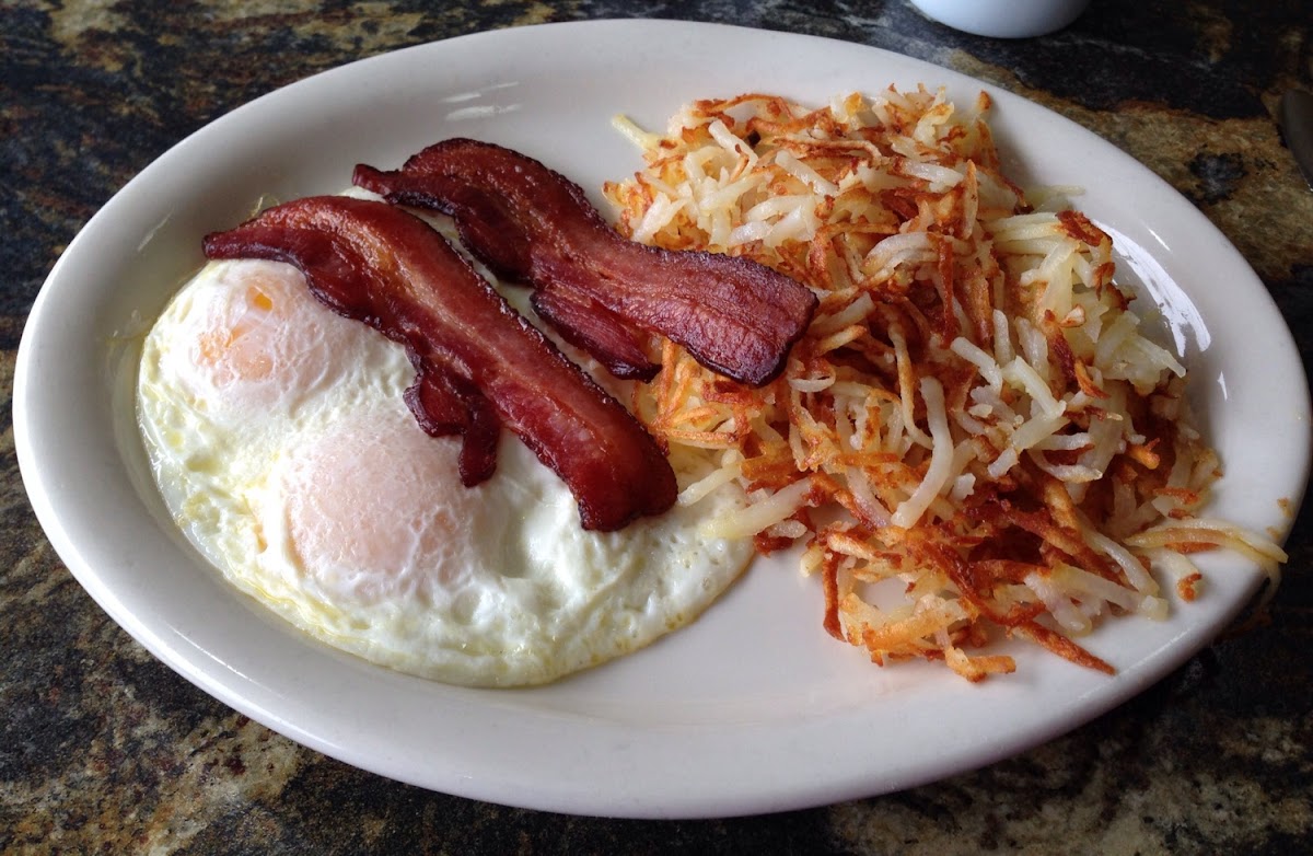 2 Eggs, 2 Bacon with Hashbrowns (crisp).
