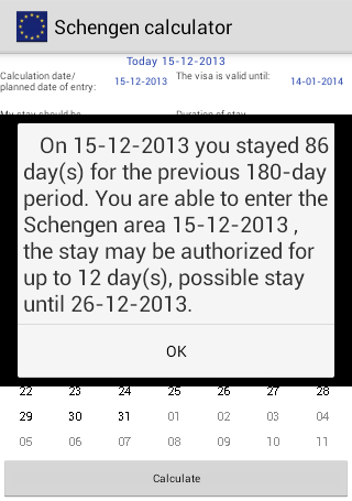 Schengen calculator Screen 2