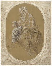 Studie voor een lezende apostel of evangelist, geplakt in een omlijsting met putti met cartouches en vrouwengestalten met festoenen