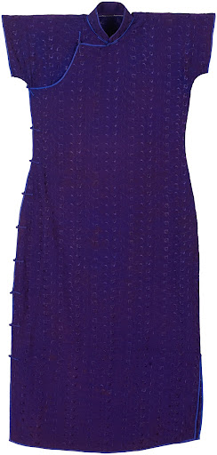 Short-sleeve Purple Silk Cheongsam with Machine Embroidery Details