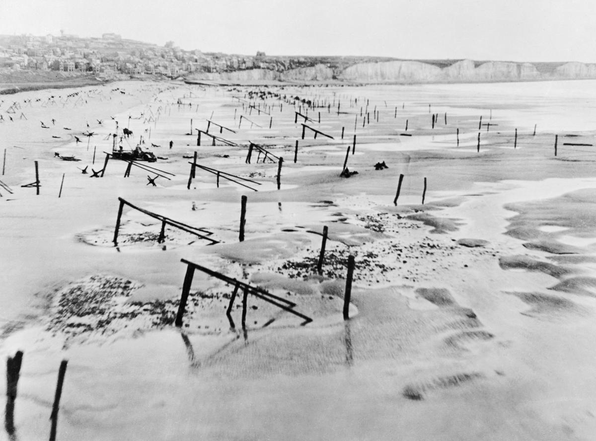 Reconnaissance photograph of beach defences in Normandy, 1944