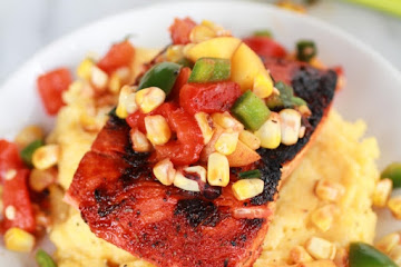 Blackened Salmon with Cheesy Polenta and Spicy Peach + Chard Corn Salsa