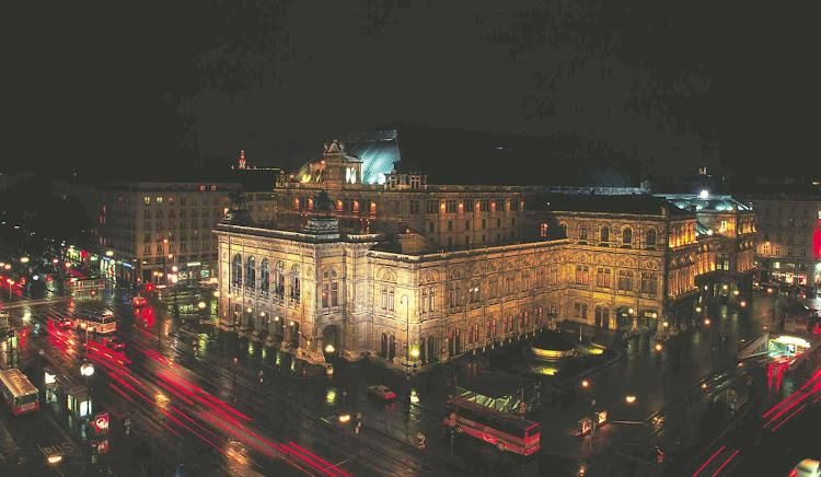 State Opera House at night in Vienna, Austria.