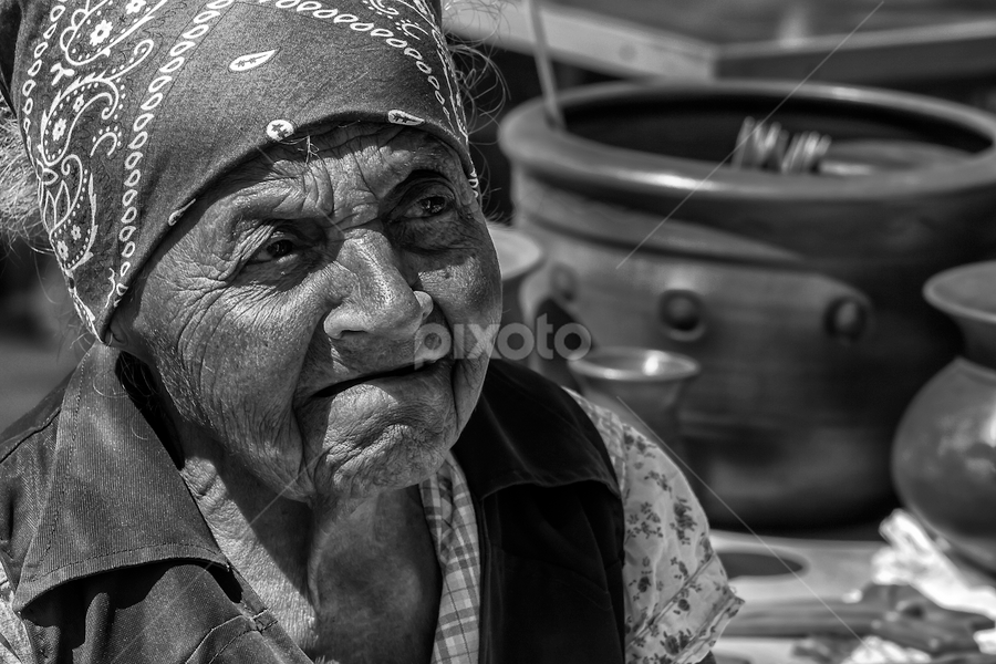 Old women at market by Valics Lehel - Black & White Portraits & People