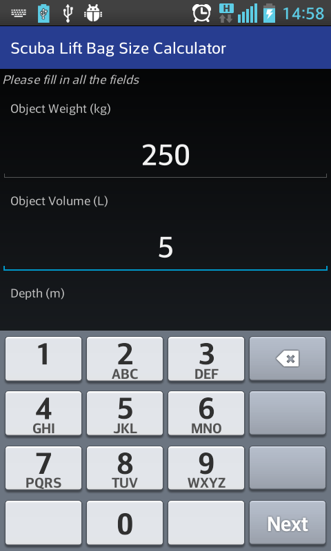 Scuba Lift Bag Size Calculator Screen 3