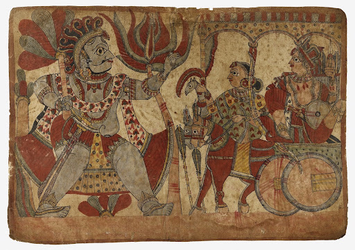 On the Road to Dwarka, Abhimanyu and Subhadra Meet Ghatotkacha, Scene from the Story of the Marriage of Abhimanyu and Vatsala, Folio from a Mahabharata ([War of the] Great Bharatas)