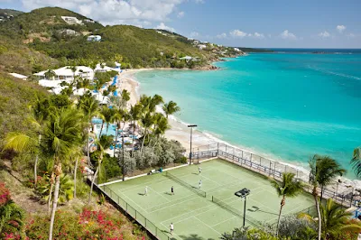 Tennis courts are beachside at the Morning Star Resort on St. Thomas, US Virgin Islands.