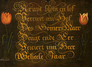 RIJKS: Isaac Hondius: A Calligraphic Maxim, Flanked by Tulips 1667
