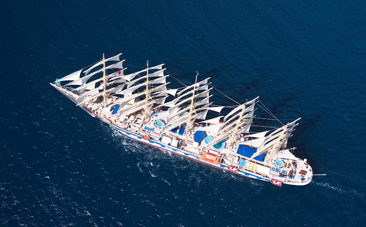 A top view of Royal Clipper, the largest and only five-masted full-rigged sailing ship built since 1902. Royal Clipper features including three pools, a gym, spa, large deck and solid dining options.