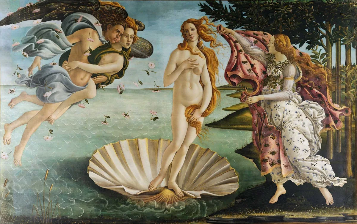 Birth-of-Venus-Botticelli-Florence - "Birth of Venus" (1484–1486), painting by Sandro Botticelli at the Uffizi Gallery in Florence, Italy. 