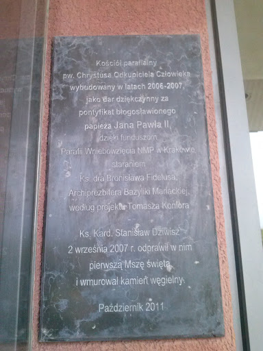 Tablica Pamiątkowa Budowy Koscioła Na Bronowicach