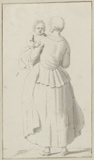 Staande vrouw op de rug gezien, met een kind in haar armen