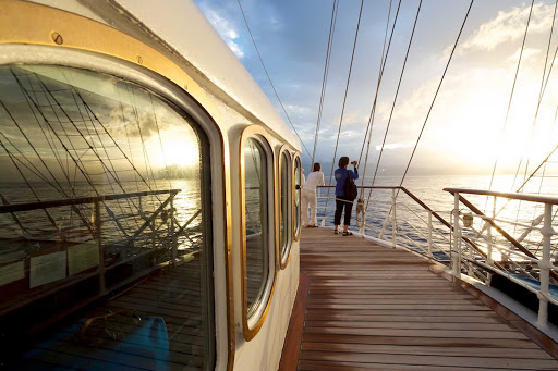 Head to Royal Clipper's deck at sunset for scenic views of the ocean and coastlines.