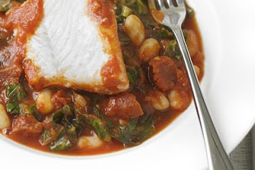 White fish with spicy beans and chorizo