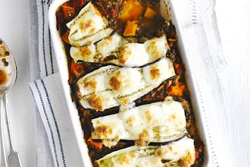 Layered aubergine & lentil bake