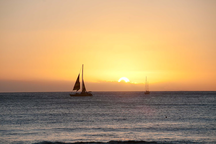 Sailboats skim the Pacific waters off the shore of Waikiki at sunset, as seen from Sans Souci State Recreational Park.