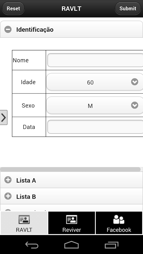Android application RAVLT teste psicologico screenshort