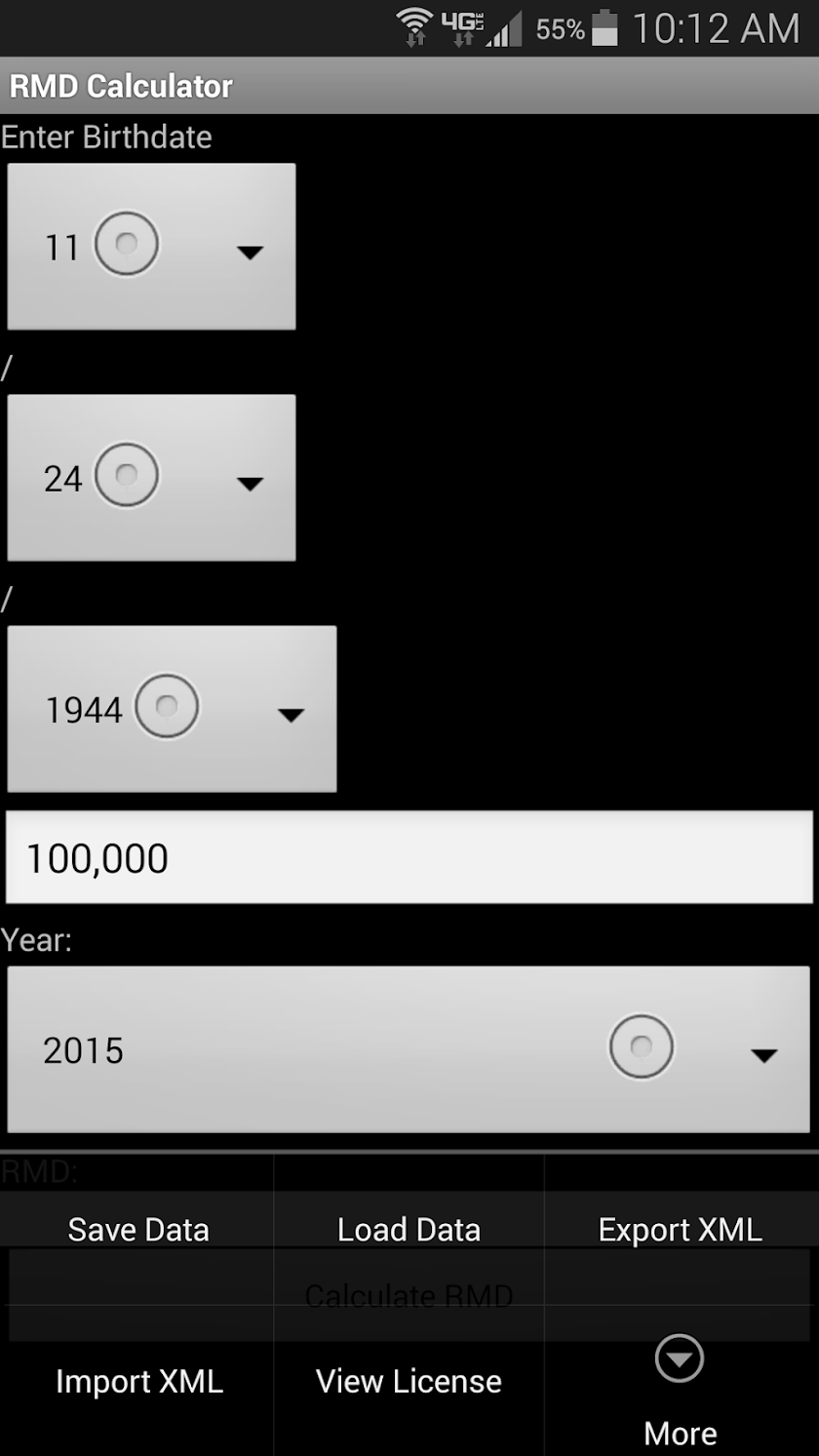 RMD Calculator Screen 1