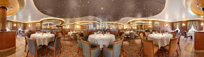 The Amalfi dining room, toward the rear of deck 6, is Star Princess's traditional dining room, with two set seatings and a set menu. 