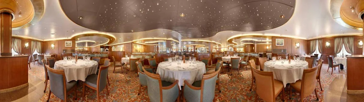 Amalfi-dining-Star-Princess - The Amalfi dining room, toward the rear of deck 6, is Star Princess's traditional dining room, with two set seatings and a set menu. 