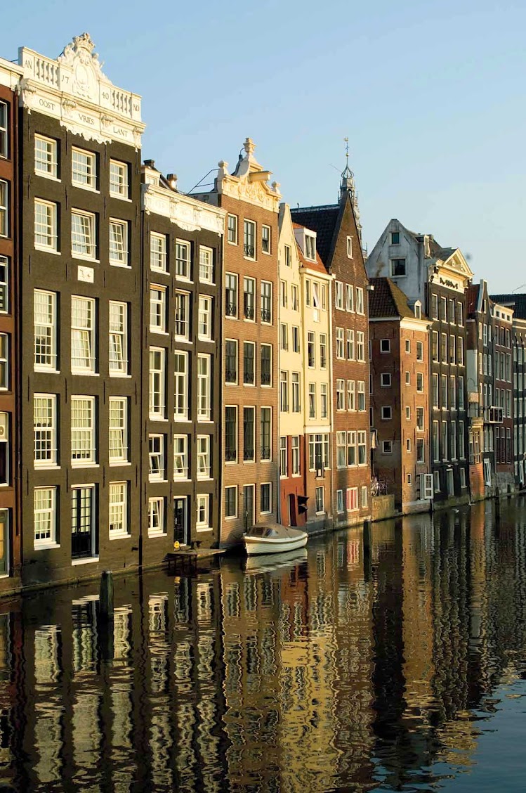 The facades of traditional buildings in Amsterdam, Netherlands.