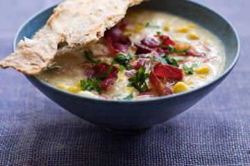 Corn chowder with a homemade chilli cracker