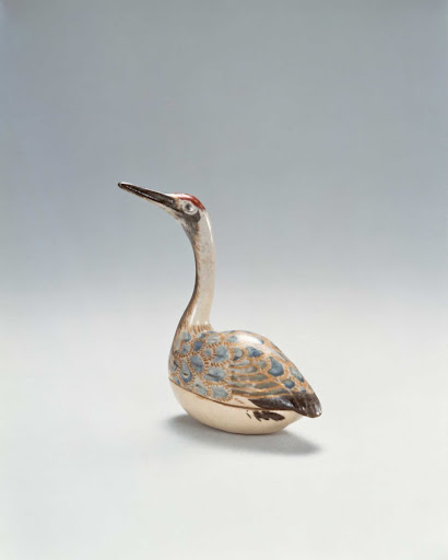 Crane-shaped incense container, overglaze enamels and gold