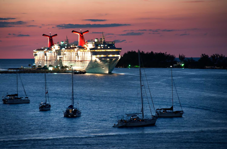 Carnival Imagination at twilight in Nassau, the Bahamas.